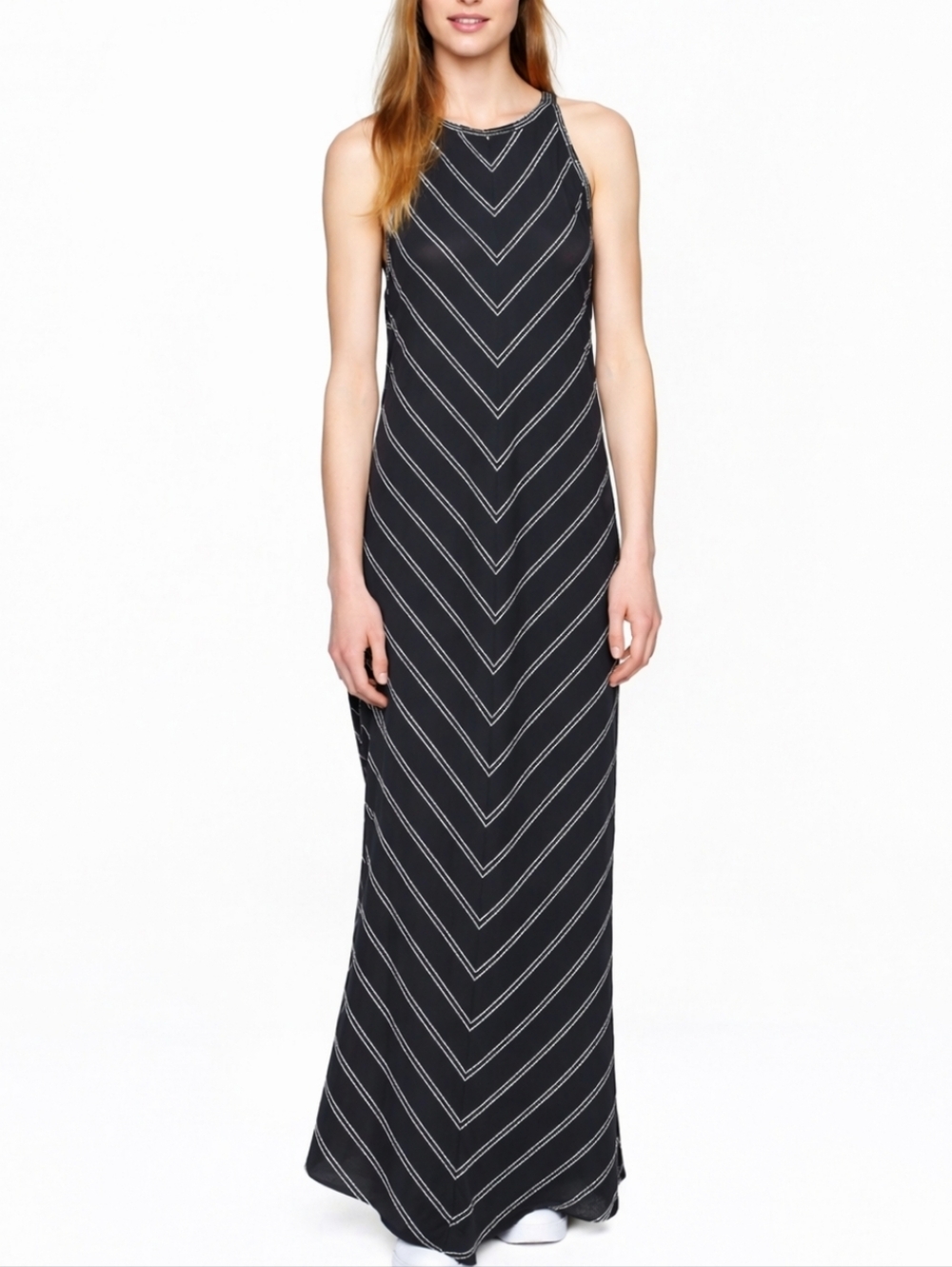 J. Crew 100% Linen Black & White Stripe Sleeveless A-Line Maxi Dress Siz…